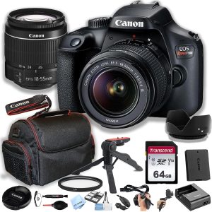 Canon EOS Rebel T100 (EOS 4000D) DSLR Camera w/EF-S 18-55mm F/3.5-5.6 Zoom Lens + 64GB Memory Card, Case, Hood, Grip-Pod, Filter Professional Photo Bundle (Renewed)